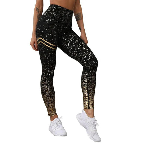 Mandotos chic gold print leggings with stylish pattern, close-up view of comfortable, stretchy fabric and trendy design.