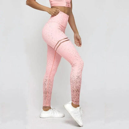 Mandotos chic gold print leggings featuring stylish gold patterns on black stretchy fabric for a trendy look.