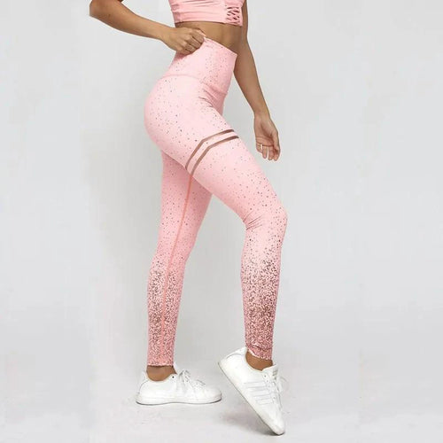 Mandotos chic gold print leggings featuring stylish gold patterns on black stretchy fabric for a trendy look.