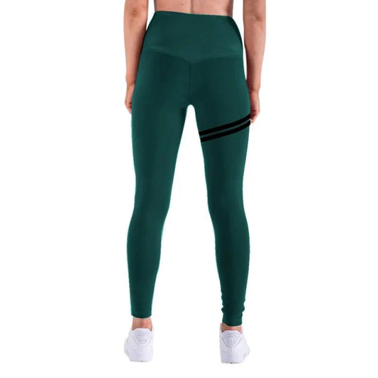 Mandotos chic gold print leggings showing a stylish gold pattern on black stretchy fabric for women.