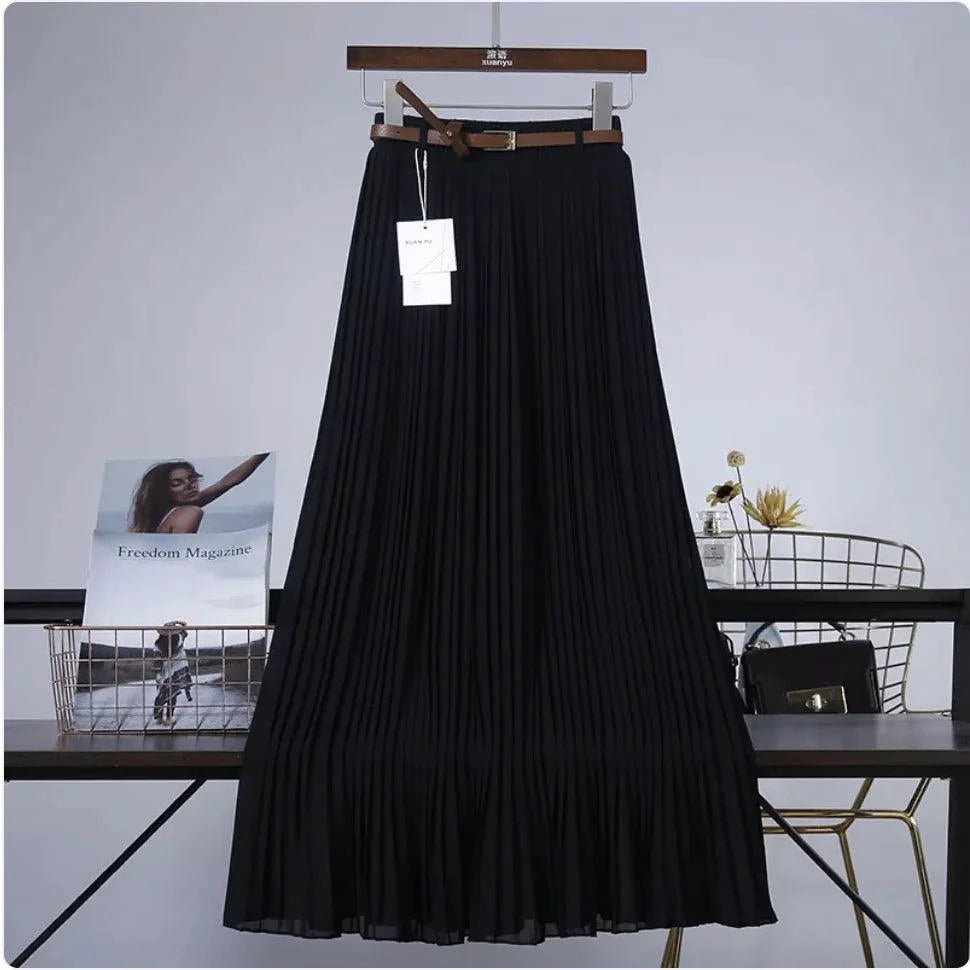 Mandotos Chic & Grace pleated chiffon skirt with flowing fabric, showcasing elegant, lightweight design for effortless style.