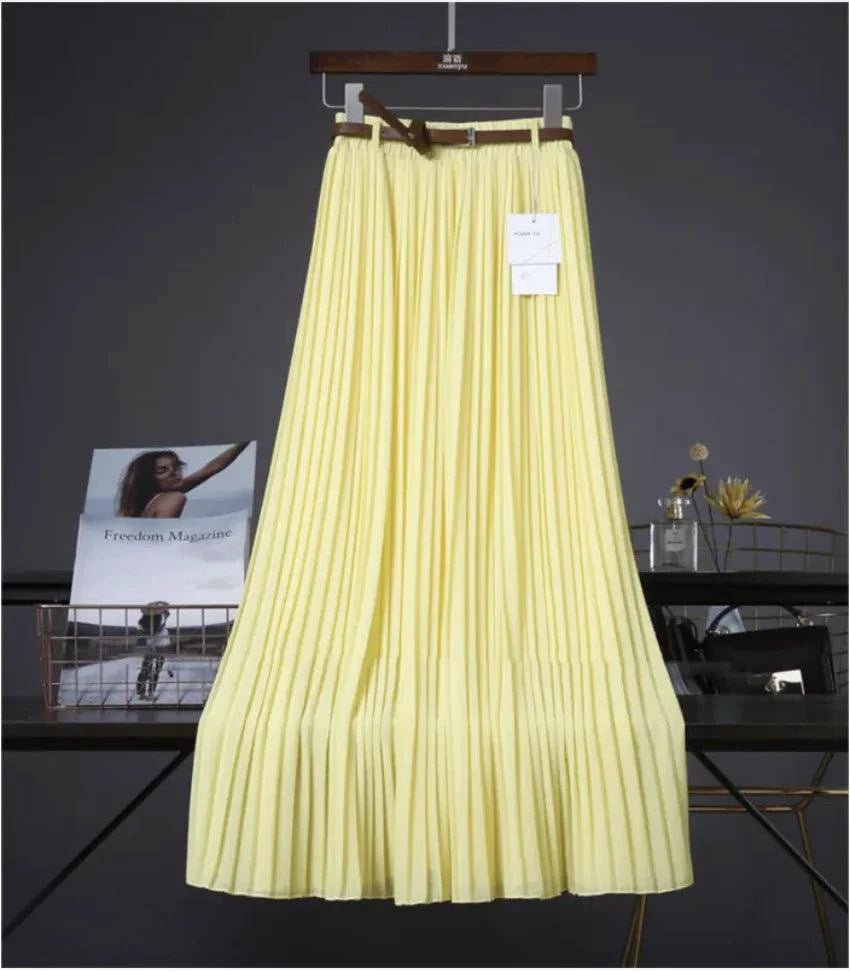 Mandotos Chic & Grace pleated chiffon skirt with flowing fabric, showcasing elegant, lightweight design for effortless style.