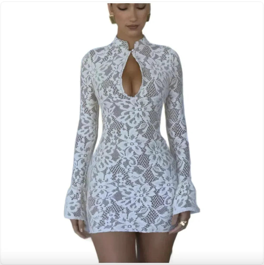 Mandotos chic hollow-out bell sleeve dress featuring stylish cutouts and flowy bell sleeves on a model.