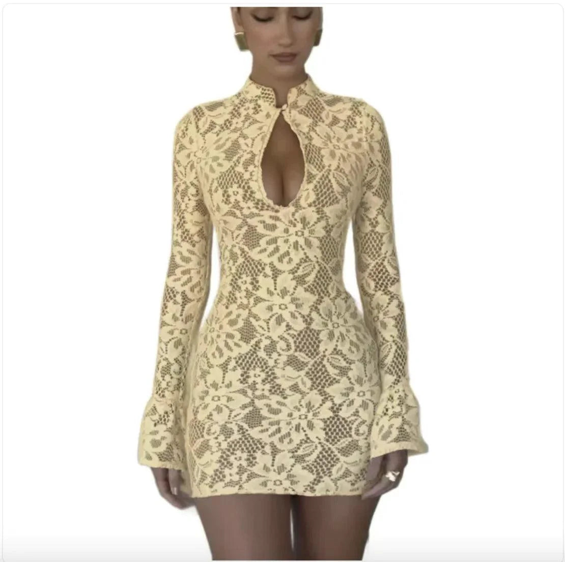 Mandotos chic hollow-out bell sleeve dress featuring stylish cutouts and flowing fabric, perfect for a fashionable evening look.