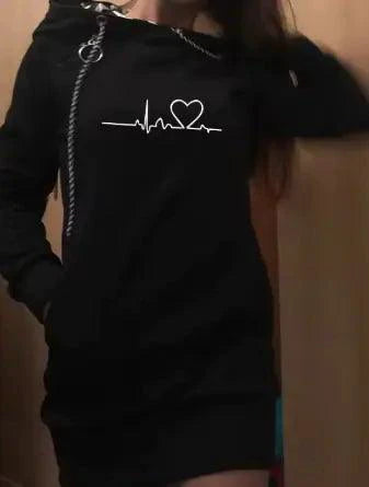 Mandotos chic hooded sweatshirt dress with a relaxed fit, featuring a cozy hood and casual style for comfortable everyday wear.