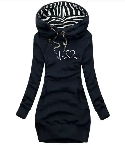 Mandotos chic hooded sweatshirt dress with a relaxed fit, featuring a hood, long sleeves, and casual style.