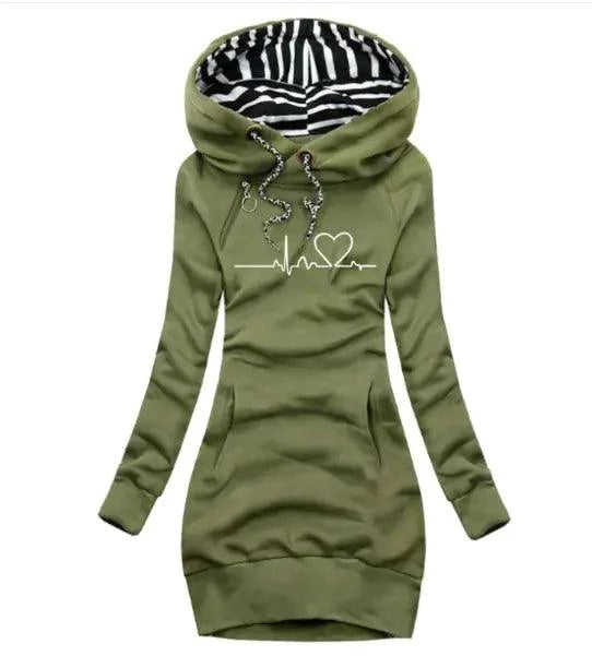 Mandotos chic hooded sweatshirt dress showing a comfortable, stylish casual dress in soft fabric with a hood and relaxed fit.