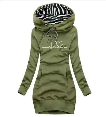 Mandotos chic hooded sweatshirt dress showing a comfortable, stylish casual dress in soft fabric with a hood and relaxed fit.