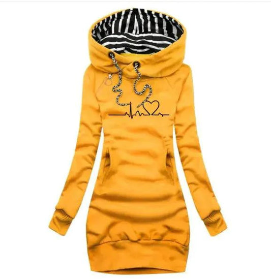 Mandotos chic hooded sweatshirt dress featuring a cozy fit, front pocket, and casual style perfect for relaxed wear.