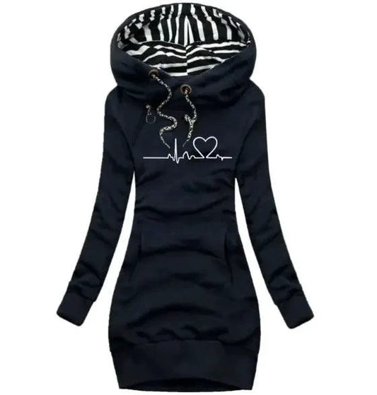 Mandotos chic hooded sweatshirt dress with relaxed fit, soft fabric, and front pocket, perfect for casual wear.