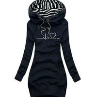 Mandotos chic hooded sweatshirt dress with relaxed fit, soft fabric, and front pocket, perfect for casual wear.