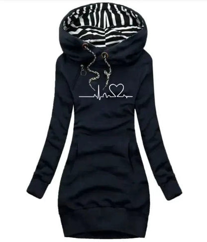 Mandotos chic hooded sweatshirt dress featuring a relaxed fit, soft fabric, and stylish hood, perfect for casual wear.