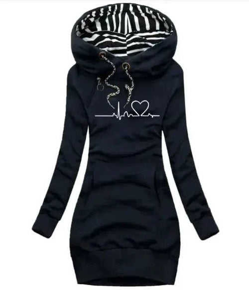 Mandotos chic hooded sweatshirt dress featuring a relaxed fit, soft fabric, and stylish hood, perfect for casual wear.