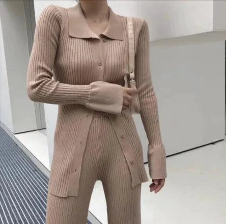 Mandotos chic knit collared ensemble featuring a stylish knit top and matching bottom in soft, cozy fabric.