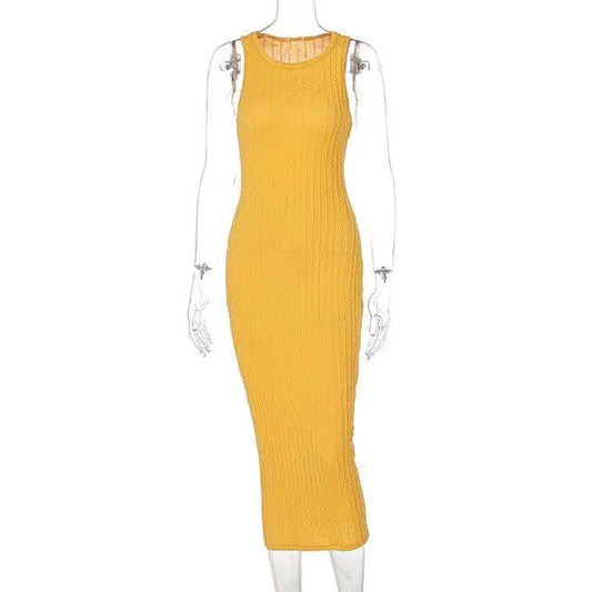 Mandotos chic knitted tank sweater dress displayed in a neutral color, featuring a sleeveless design and cozy knit texture.