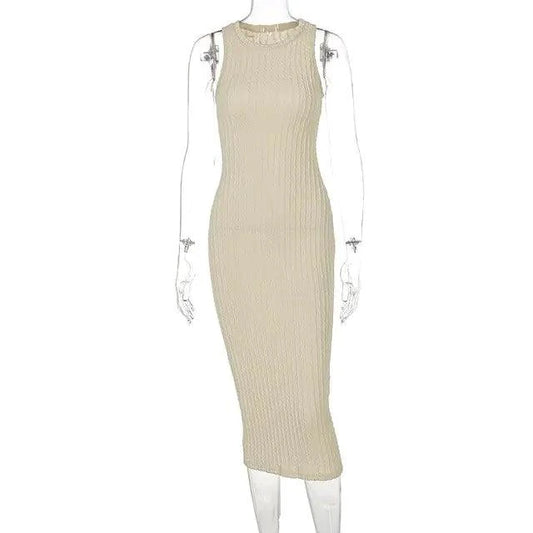 Mandotos chic knitted tank sweater dress featuring a fitted silhouette and ribbed texture, perfect for casual or layered winter looks.