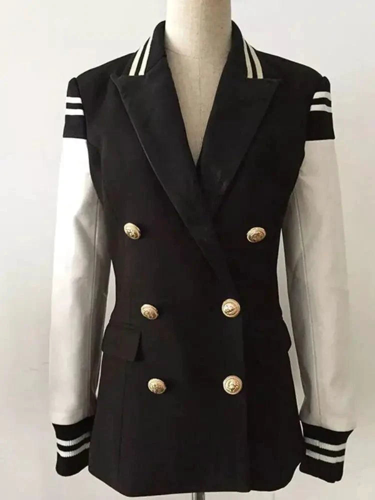 Mandotos chic leather blazer coat with tailored fit, featuring a sleek design and classic lapel, perfect for stylish outerwear.