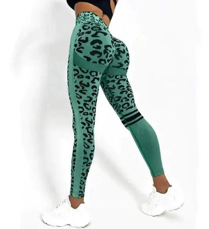 Mandotos chic leopard print high-rise yoga tights, form-fitting with a comfortable waistband, designed for active wear and stylish fitness.