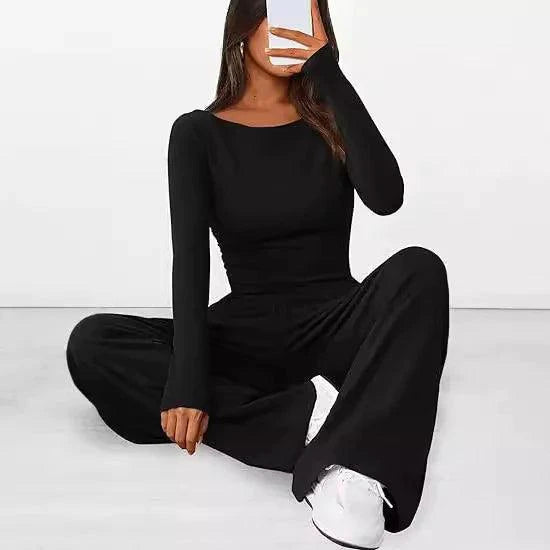 Mandotos chic long-sleeve trousers set featuring a stylish top and matching pants, perfect for casual or semi-formal wear.