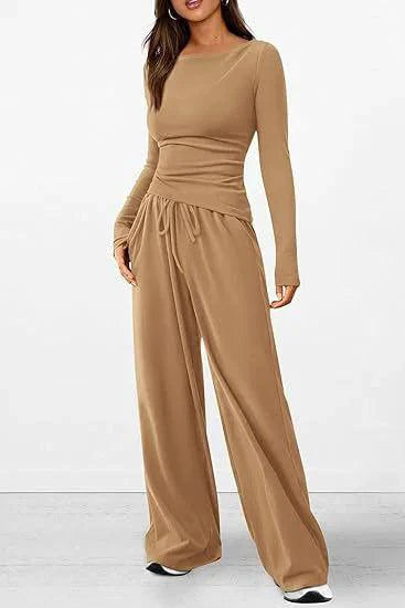 Mandotos chic long-sleeve trousers set featuring a stylish top and matching pants, perfect for casual or office wear.