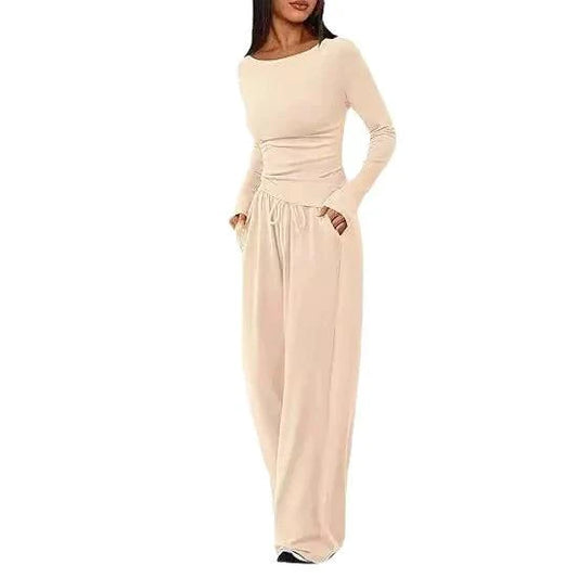 Mandotos chic long-sleeve trousers set featuring a stylish top and matching pants in a modern, elegant design.