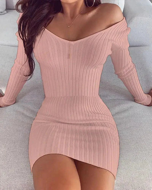 Mandotos chic off-shoulder knit dress showcasing a stylish, comfortable design perfect for casual or dressy occasions.