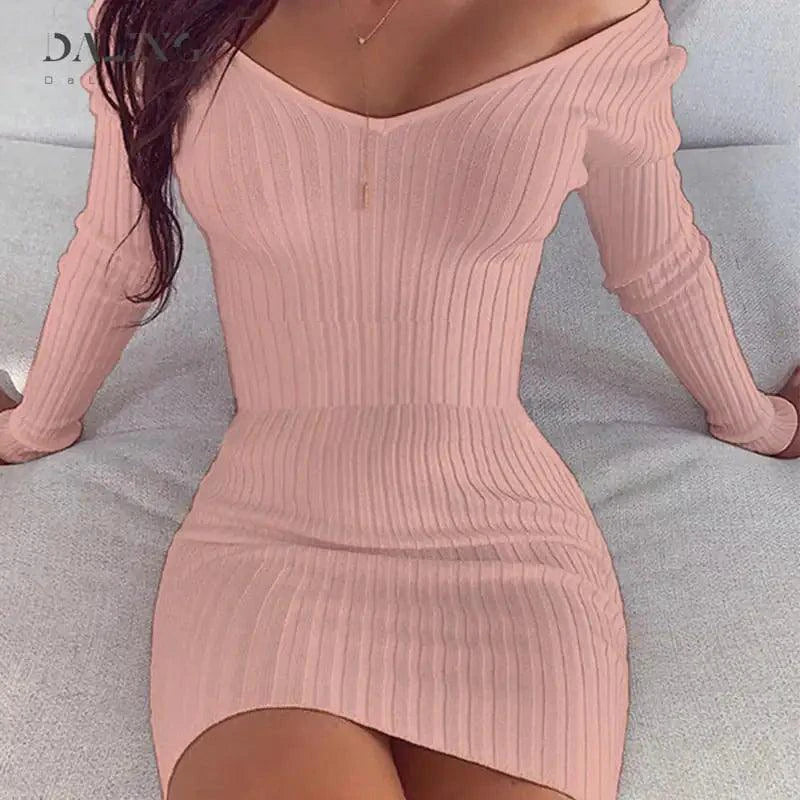 Mandotos chic off-shoulder knit dress, stylish and comfortable, shown on a model perfect for casual or dressy occasions.