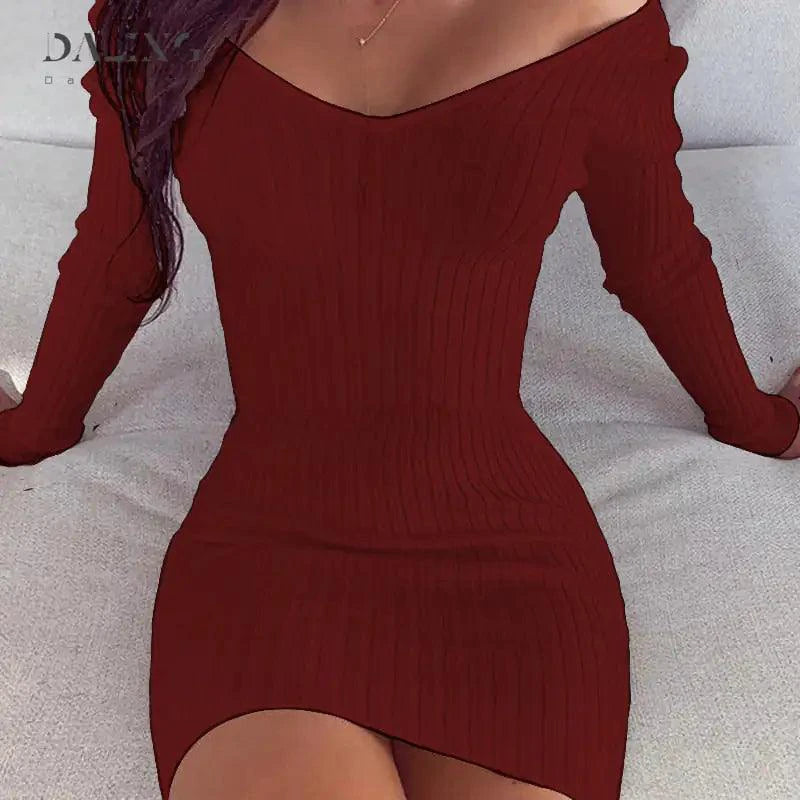 Mandotos chic off-shoulder knit dress displayed on a model, showcasing a stylish, casual look for any occasion.