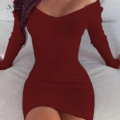 Mandotos chic off-shoulder knit dress displayed on a model, showcasing a stylish, casual look for any occasion.