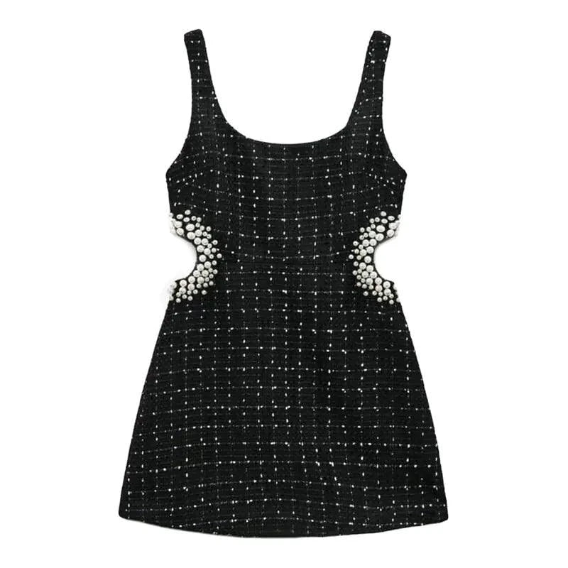 Mandotos chic off-shoulder mini dress showcasing a stylish, fitted design with short sleeves and a flared hem.
