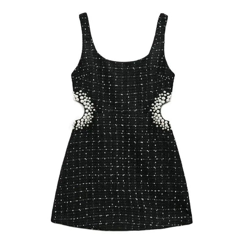 Mandotos chic off-shoulder mini dress showcasing a stylish, fitted design with short sleeves and a flared hem.