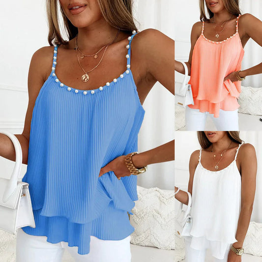 Mandotos chic pearl pleated tank top with lightweight fabric and fashionable design, perfect for casual or dressy occasions.