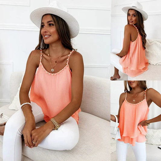 Mandotos Chic Pearl Pleated Tank Top featuring elegant pleats and pearl accents, perfect for a stylish casual look.