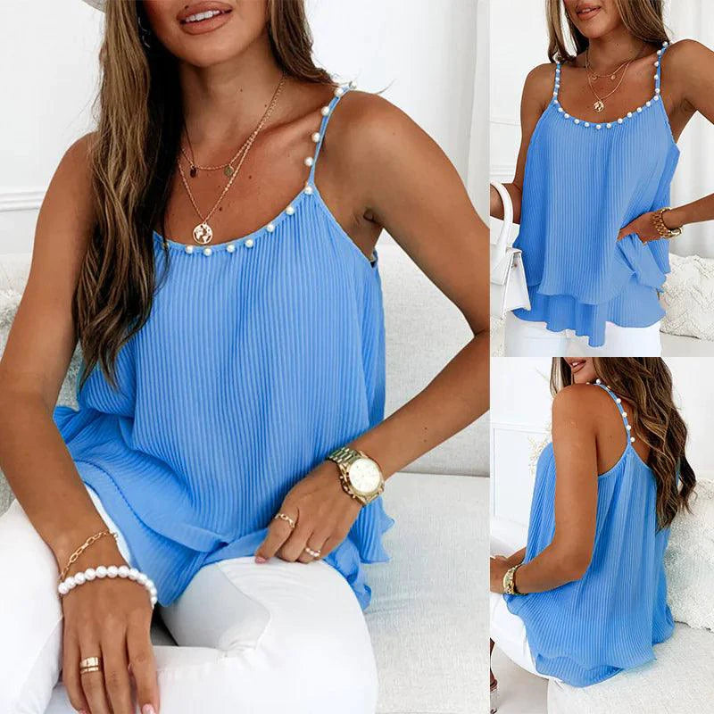 Mandotos chic pearl-pleated tank top featuring a stylish sleeveless design with pleats and elegant pearl accents.