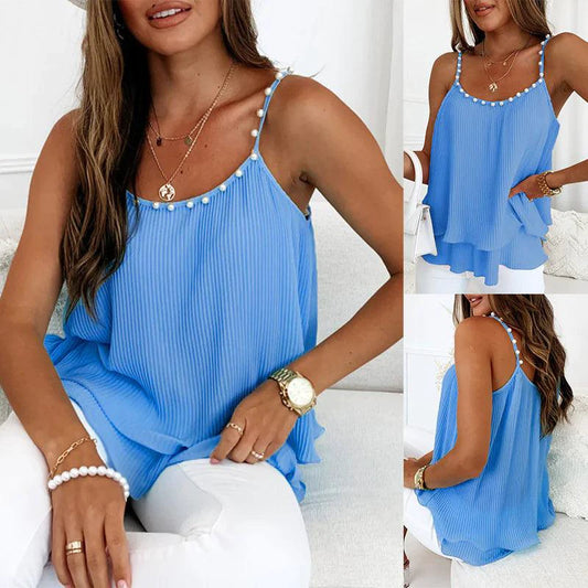 Mandotos chic pearl-pleated tank top featuring a stylish sleeveless design with pleats and elegant pearl accents.