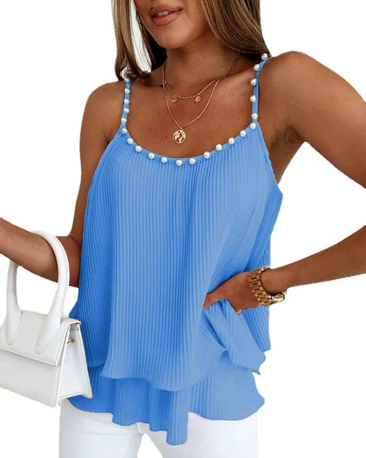 Mandotos chic pearl pleated tank top featuring a sleeveless design and elegant pleats, perfect for stylish casual wear.