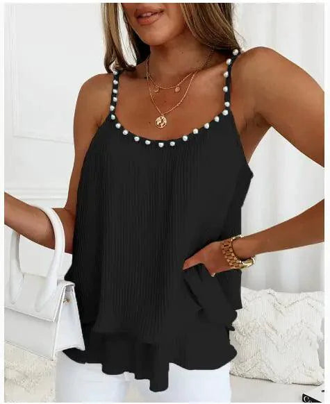 Mandotos chic pearl pleated tank top featuring elegant pleats and a stylish design, perfect for casual or dressy outfits.