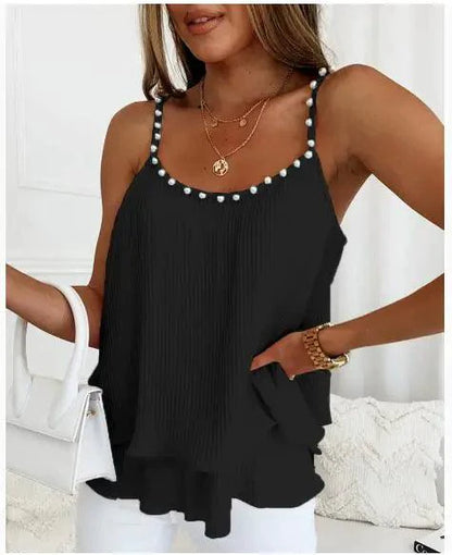 Mandotos chic pearl pleated tank top featuring elegant pleats and a stylish design, perfect for casual or dressy occasions.