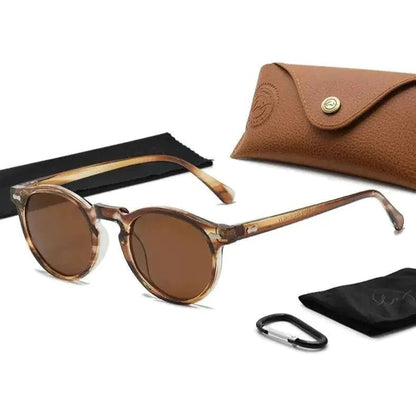Mandotos chic round UV-block sunglasses with black frames and dark tinted lenses, stylish and protective for sunny days.