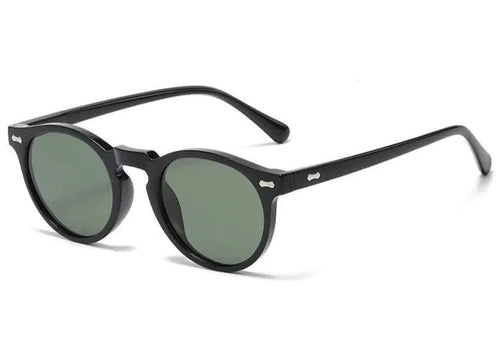Mandotos chic round UV-block sunglasses with black frames and dark tinted lenses, stylish and protective for sunny weather.
