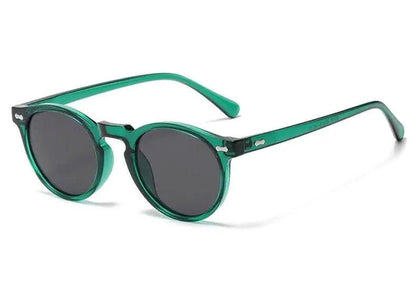 Mandotos chic round UV-block sunglasses with black frames and dark lenses, stylish and protective eyewear for sunny days.