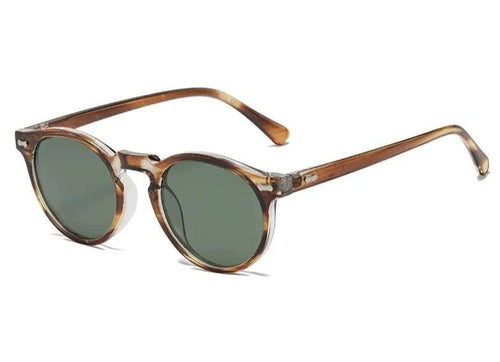 Mandotos chic round UV-block sunglasses with black frames and dark tinted lenses on a white background.