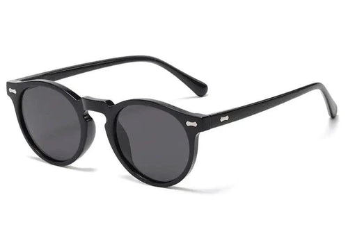 Mandotos chic round UV-block sunglasses with black frames and dark lenses, stylish and protective for sunny days.