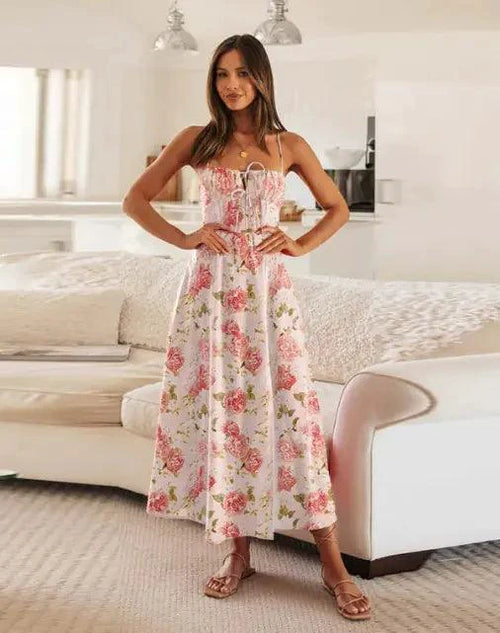 Mandotos chic sleeveless swing midi skirt displayed on a hanger, showcasing its stylish design and flowing fabric.