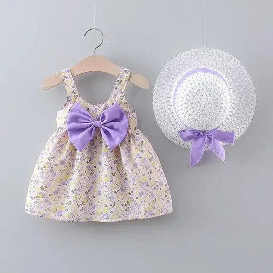 Two stylish summer dresses for toddler girls from MANDOTOS, featuring colorful patterns and comfortable lightweight fabric.
