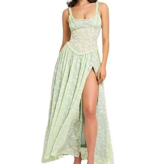 Mandotos chic v-neck lace sundress with adjustable straps and floral lace details, perfect for summer casual wear.