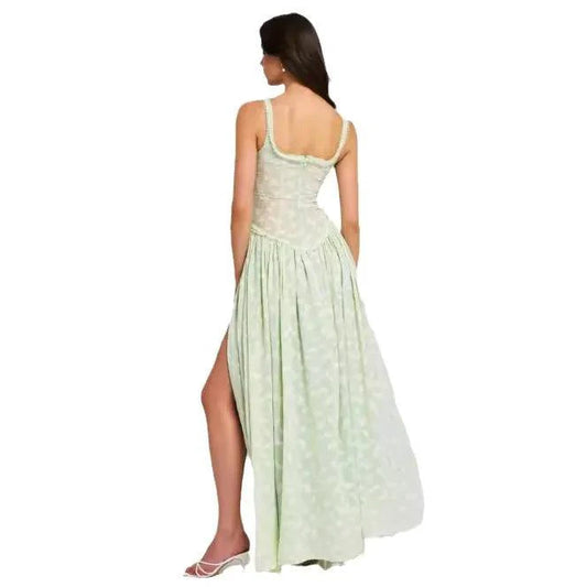 Mandotos chic v-neck lace sundress featuring a flowy design, delicate lace details, and lightweight fabric perfect for summer wear.