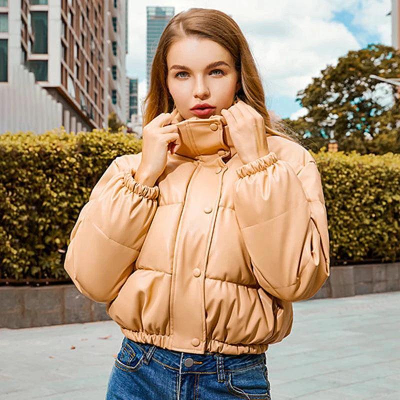 Mandotos chic winter PU leather jacket featuring a stylish design, perfect for cold weather, with a smooth leather finish.