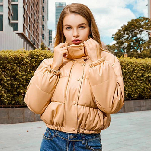 Mandotos chic winter PU leather jacket featuring a stylish design, perfect for cold weather, with a smooth leather finish.