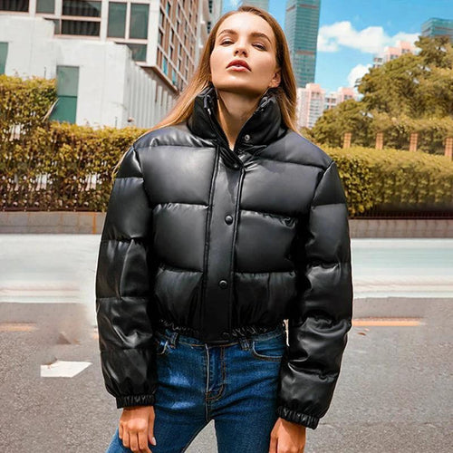 Mandotos chic winter PU leather jacket featuring a stylish design with a front zipper and trendy collar for a modern look.
